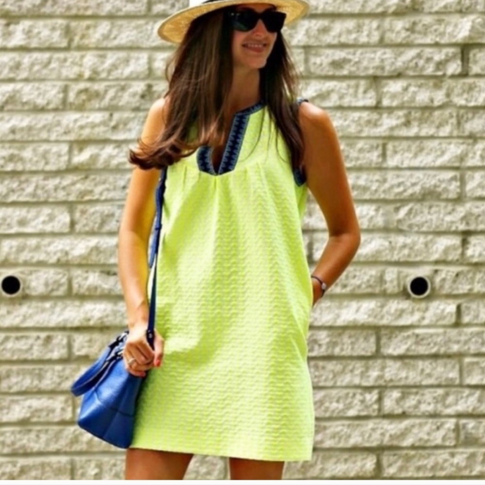 J. Crew Neon Yellow Summer Cotton Blend Geometric Pattern Shift Mini Dress